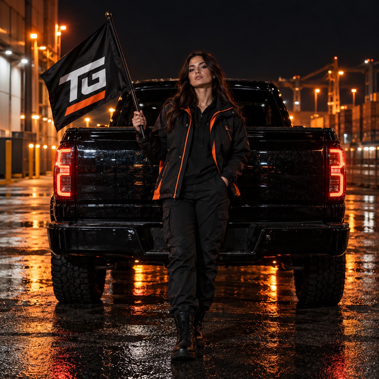Adult woman holding a TG flag beside a pickup under amber industrial lights