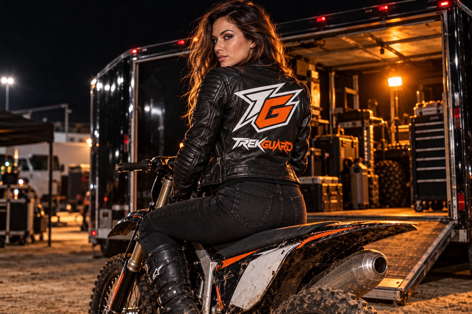 Adult rider in a TG motorcycle jacket by a trailer