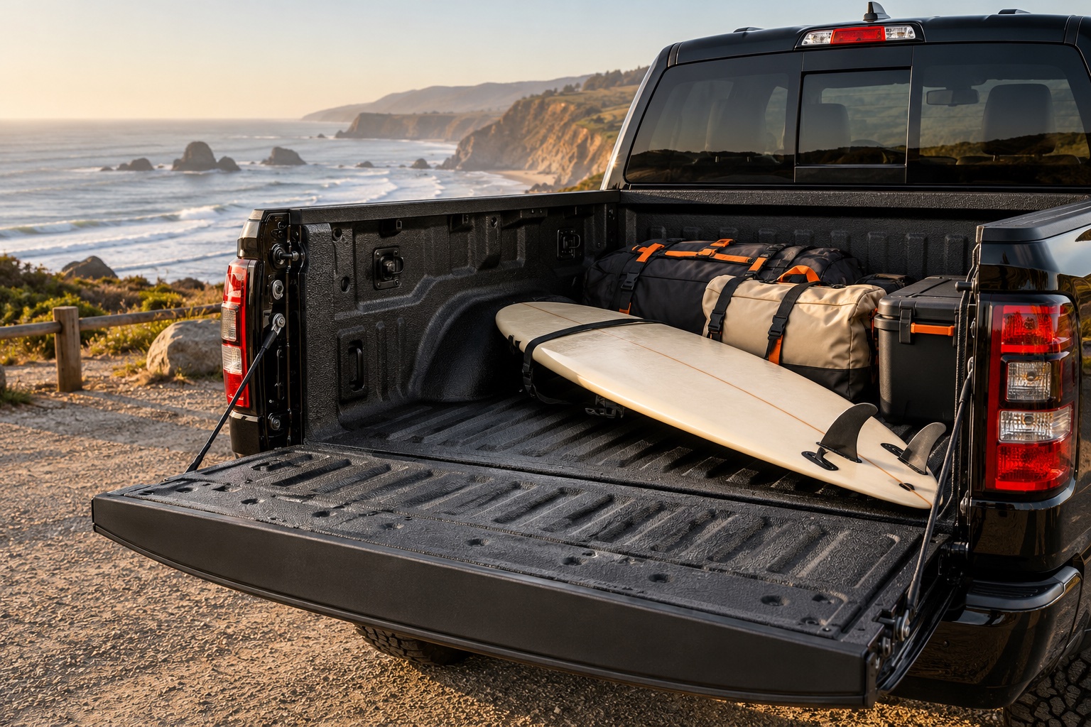 Surfboard and weekend bags in a coated pickup bed at a coastal turnout