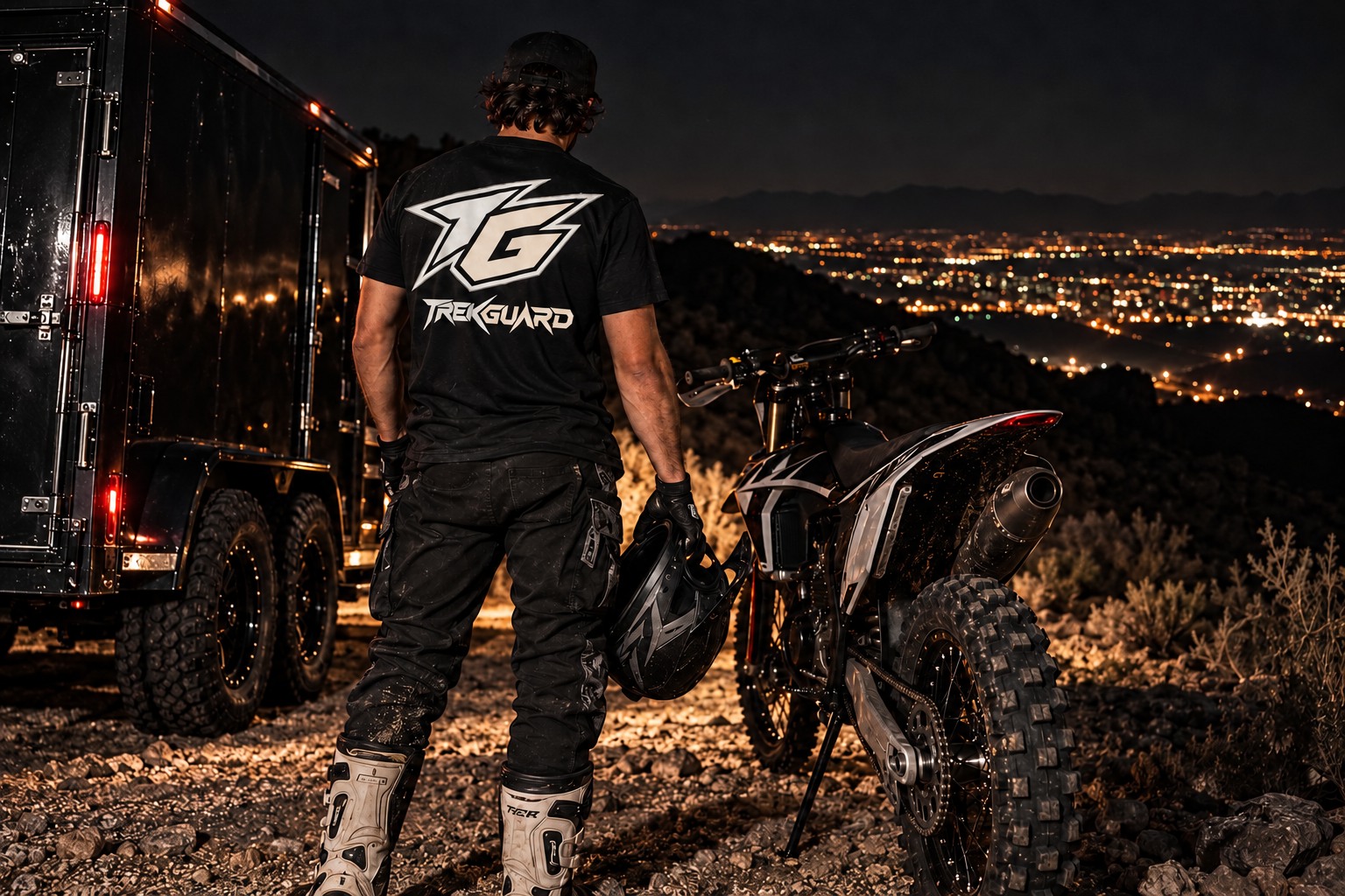 Rider with a large TG back graphic beside a dirtbike