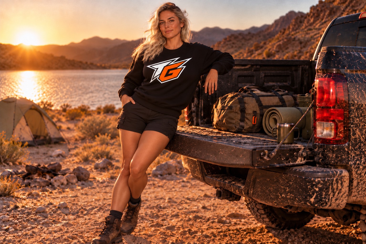 Adult model with camping gear at a coated pickup bed in golden daylight