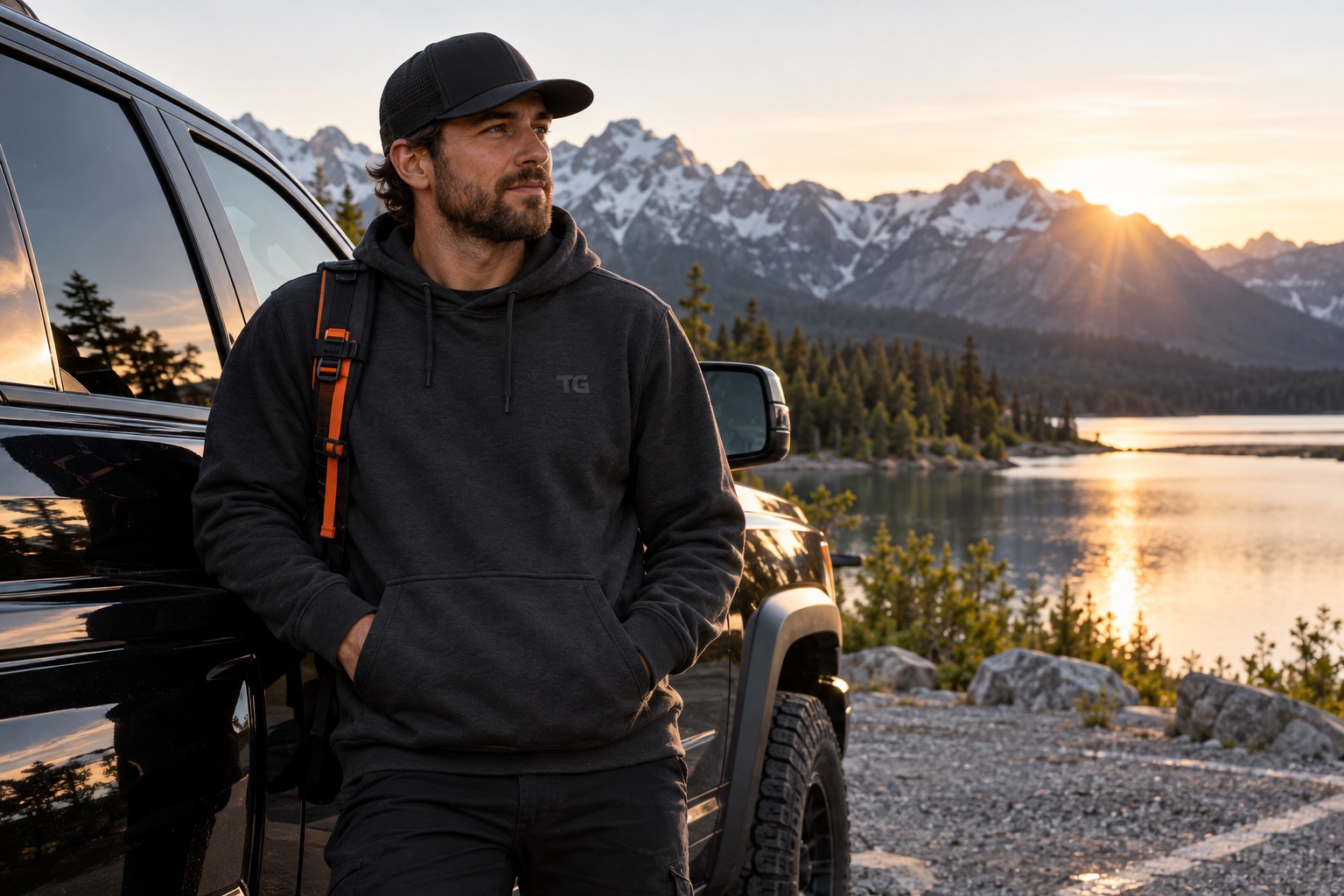 Adult man wearing a charcoal TG hoodie beside a pickup at an alpine lake