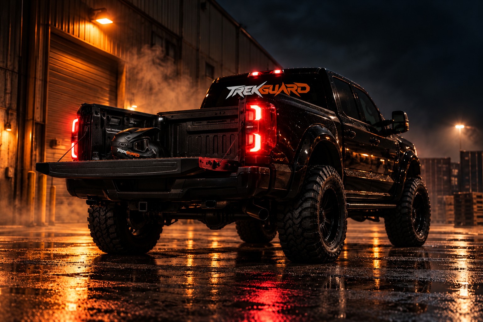 Black pickup with TrekGuard branding at night