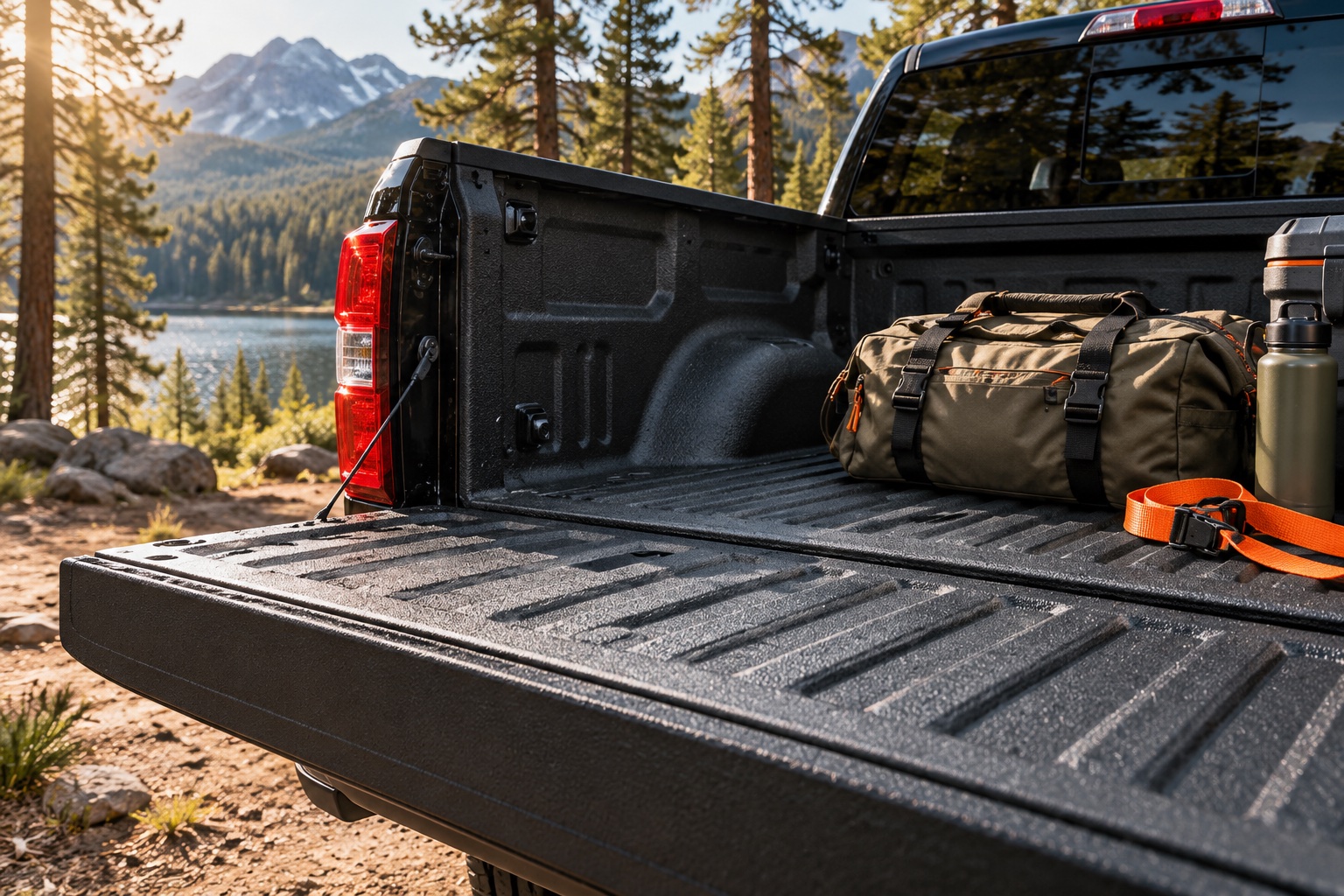 Camping duffel and thermos on a textured coated pickup tailgate in a pine forest